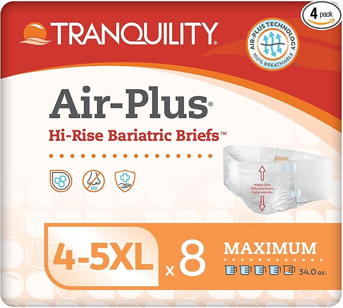 Tranquility Bariatric Disposable Briefs 4X-Large with AIR-Plus Fully Breathable Fabric for Skin Dryness & Integrity, High Waistline, Latex-Free, 34oz Capacity, 32ct Case