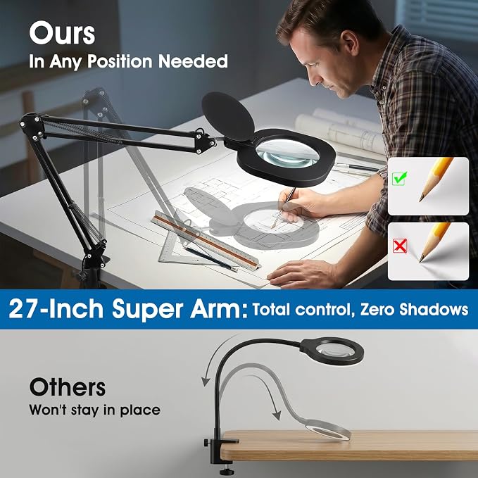 LIONVISON Magnifying Glass with Light and Stand: 27 Inch Extra Long Arm | 10X Magnifying Lamp - Stepless Dimmable & Color Temperature LED Lighted Magnifier Clamp Magnifier for Reading Close Work