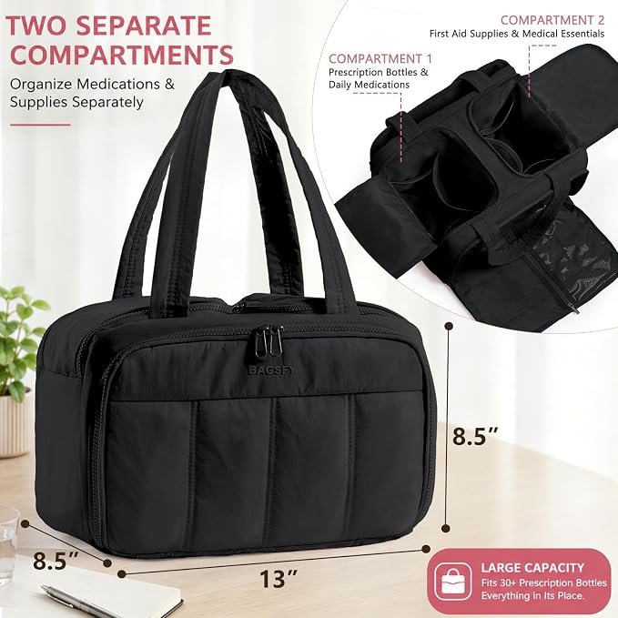 Travel Medicine Storage Bag with 2 Compartments, Wide-Mouth Medical Organizer, Puffy Lightweight First Aid Bag for Prescription Bottles, Pill Cases, Medical Supplies & Family Emergency Essentials