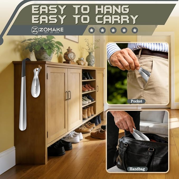 ZOMAKE Shoe Horn Long Handle for Seniors Men Women, Metal Long Shoehorn Boot Horn 16.5", Travel Small Shoe Spoon Helper for Kids 7.5"