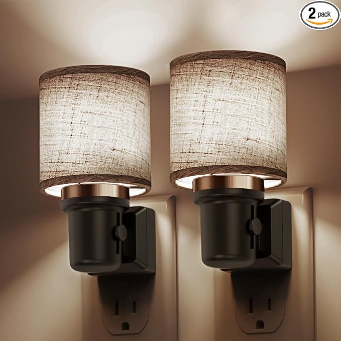 L LOHAS LED Night Lights Plug into Wall,Linen Fabric Cylinder Night Light | 2 Pack Dusk to Dawn Sensor Vintage Nightlight, 5000K Daylight 0-100LM Dimmable, Decor for Bedroom Living Room Hallway