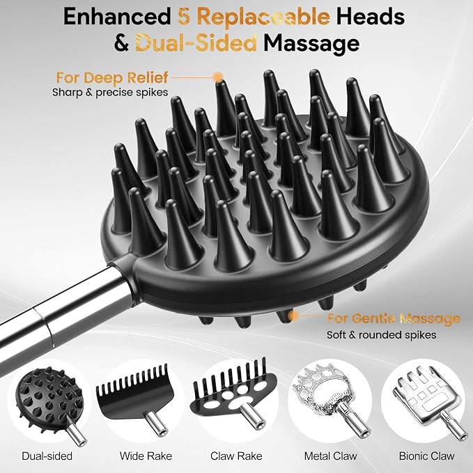 Telescoping Back Scratcher with 5 Detachable Heads, Gift for Men Black | 10-30" Reach, Stainless Steel Pole, Rubber Grip, Christmas Stocking Stuffers, White Elephant, Anniversary and Birthday Gift