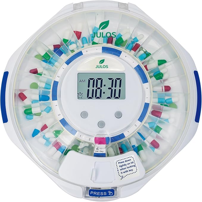 JULOS 28-Day Automatic Pill Dispenser with Alarm for Chronic & Alzheimer’s Care, Locked Medication Organizer w/Easy-Read LCD Display, Sound & Light & Alerts for Medication, Vitamins & More, Clear Lid | Sound/Light Alarms - Up to 6 Daily Doses, Easy-Rea...