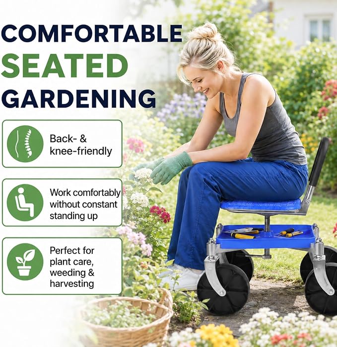 Rolling Garden Seat with Wheels, Adjustable Garden Scooter Stool with Backrest,Garden Cart with Tool Storage Tray & Backpack, Gardening Work Seat for Weeding, Planting, Yard Work (Without Backpack 1)