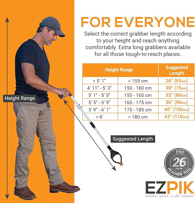 EZPIK® Grip Aid Tool Grabber Reacher + Magnets - Grabbers for Seniors, Trash Picker Upper Grabber - Trash Grabber Tool- Reacher Grabber Pickup Tool (Silver, 26" (Pack of 2))