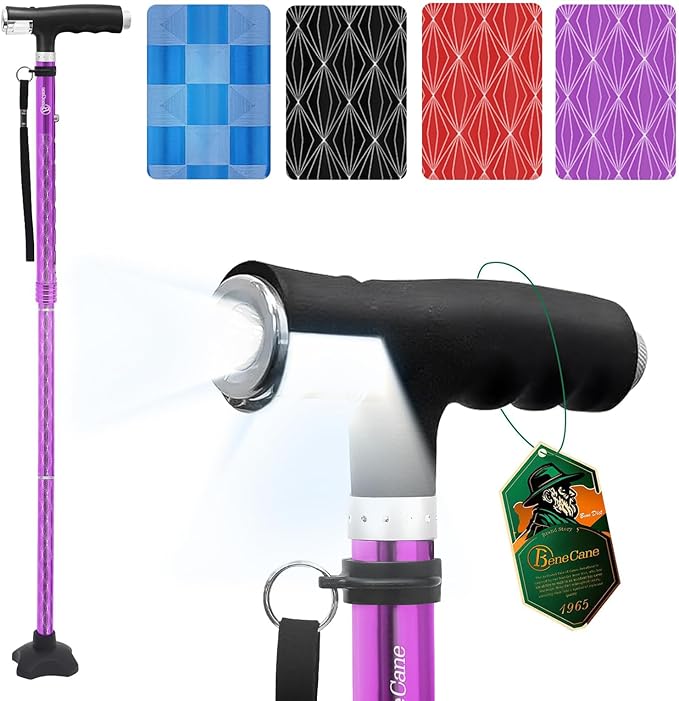 BeneCane Walking Cane for Women Folding Cane for Men with Two Led Lights Quad Cane with Stable Base Lightweight and Adjustable Walking Stick