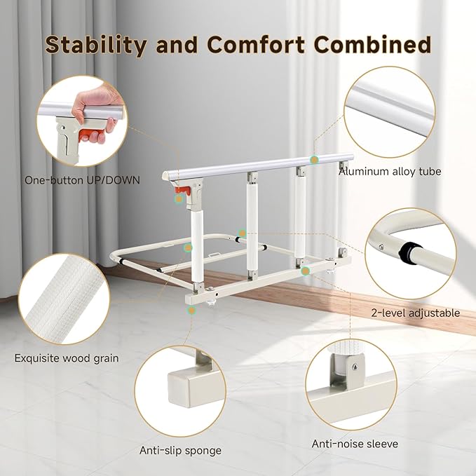 Bed Assist Rail for Elderly, Folding Bed Rail with Safety Straps & Sponge Handle. Tool-Free Installation for Seniors Safety on Platform, Slatted, Metal Beds.