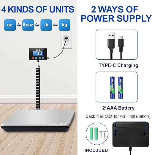 TIPRE Shipping Scale 660lbs for Packages,Heavy Duty Digital Postal Express Scale,1 oz High Accuracy with Charging Cable & Batteries,Extra Large Stainless Steel for Small Business,Warehouse,Home