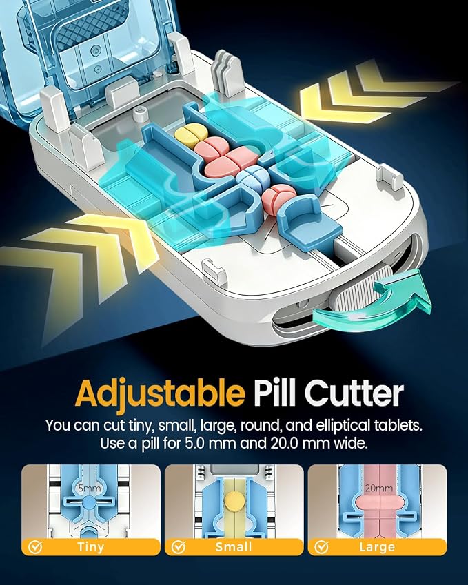 Professional Pill Cutter for Small Pills, 3-in-1 Pill Cutter Splitter for Small or Large Pills-Safely Cuts 1/2, 1/3, and 1/4 Multiple Pills Splitter, Adjustable Pill Cutter with Storage (White Blue)