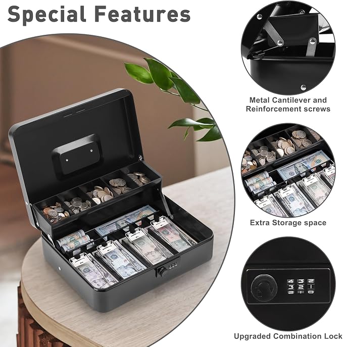 KYODOLED Metal Cash Box with Combination Lock & Spring-Loaded Bill Clips, 5-Compartment Cantilever Coin Tray, Portable Safe for Yard Sales/Craft Fairs/Small Businesses, 11.81”x9.45”x3.54”, Black