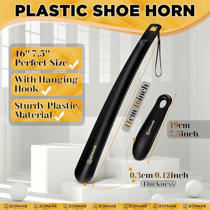 ZOMAKE Long Plastic Shoe horn, Plastic Shoehorn Long Handle for Seniors Men Women, 16" Shoe Spoon Helper for Boots