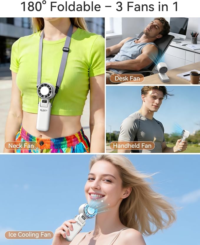 Portable Fan, Mini Fan, Personal Fan with Turbo & Ice Cooling, 5-Speed 4000mAh Rechargeable, 3-in-1 Small Travel Hand Fan, Lightweight & Quiet for Office, Beach Vacation, for Women & Men -White