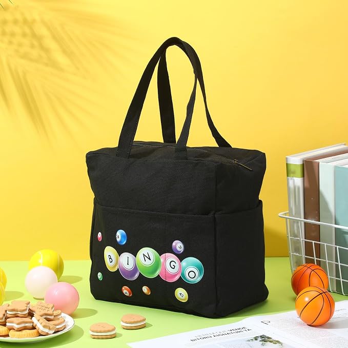 Windyun Bingo Bags Large with 10 Pockets for Daubers Dabbers Dobbers Dotters Zipper Tote Bag Bingo Card Stuff Storage Game Accessories Supplies Gift for Women Adults Seniors Mothers Day(Black)