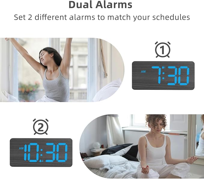 uscce Wooden Digital Alarm Clocks for Bedrooms with 0-100% Dimmable Display | Desk Clock with Large Numbers for Living Room - Loud Dual Alarm for Heavy Sleepers with Volume Control - Wood Decor & Gifts
