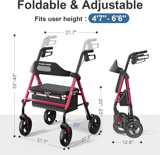 HOMLAND Foldable Rollator Walkers for Seniors with Seat, 16" Enlarged Seat | 8" Big Wheels, 16"×12"x1.9" Thick Padded Seat, Adjustable Seat & Handle Height, Tool-Free Assembly, All Terrain Mobility Aid