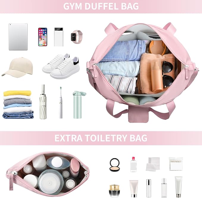 Gym Bag for Women, 45L Carry On Travel Duffel Bag with Shoes Compartment, Weekender Overnight Bag with Wet Pocket for Women, Travel, Gym, Weekend, Large Size