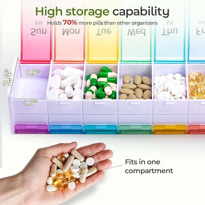 Daviky Extra Large Weekly Pill Organizer 2 Times a Day, XXL Pill Box 7 Day with AM PM Large Compartments, BPA-Free Daily Medicine Case, Jumbo Pill Holder for Fish Oils, Vitamins & Supplements（White）