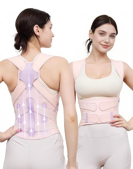 Kepwaa Posture Corrector for Women and Men, 5 Full Back Support Brace Rods, Adjustable Shoulder Straightener, Relief for Upper and Lower Back, Neck, Lumbar, Scoliosis, Hump, Pink, Small