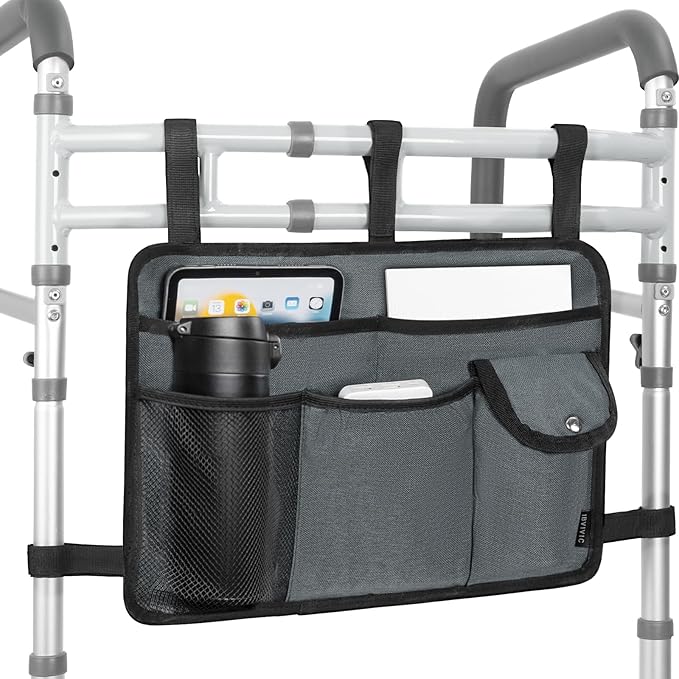 Walker Bag for Folding Walker, Walker Basket for Folding Walkers with Cup Holder Multiple Pockets Bag for Walkers for Seniors Rollator Accessories Bag (Grey)