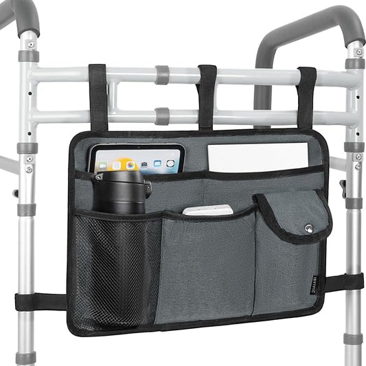 Walker Bag for Folding Walker, Walker Basket for Folding Walkers with Cup Holder Multiple Pockets Bag for Walkers for Seniors Rollator Accessories Bag (Grey)