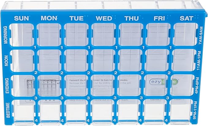 Ezy Dose Weekly (7-Day) Pill Case, Medicine Planner, Vitamin Organizer Box, Small Compartments with Easy Fill Tray, 4 Times a Day, Clear Lids, Color May Vary, BPA Free