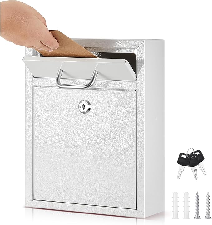 Yaocom Locking Mailbox with Key for Outdoor 10 x 7 x 3 Inches Small Wall Mount Mail Box with Lock Security Mail Drop Metal Collection Boxes Hanging Secure Postbox(Creamy White)