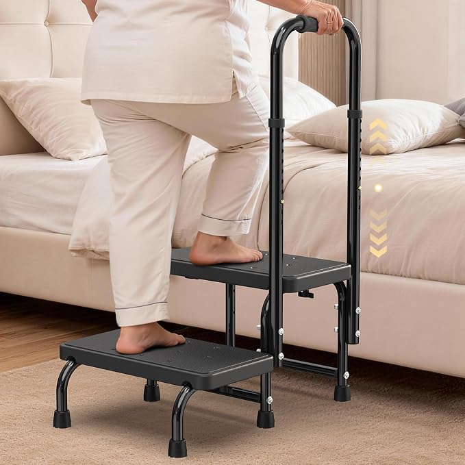 Suteck 2 Step Stool with Handle for Elderly Adults, Adjustable Handrail | 6-Leg Welded Frame, 10-Level Adjustable Handrail, Wide Non-Slip Platform, Bathroom, Kitchen, RV, Black