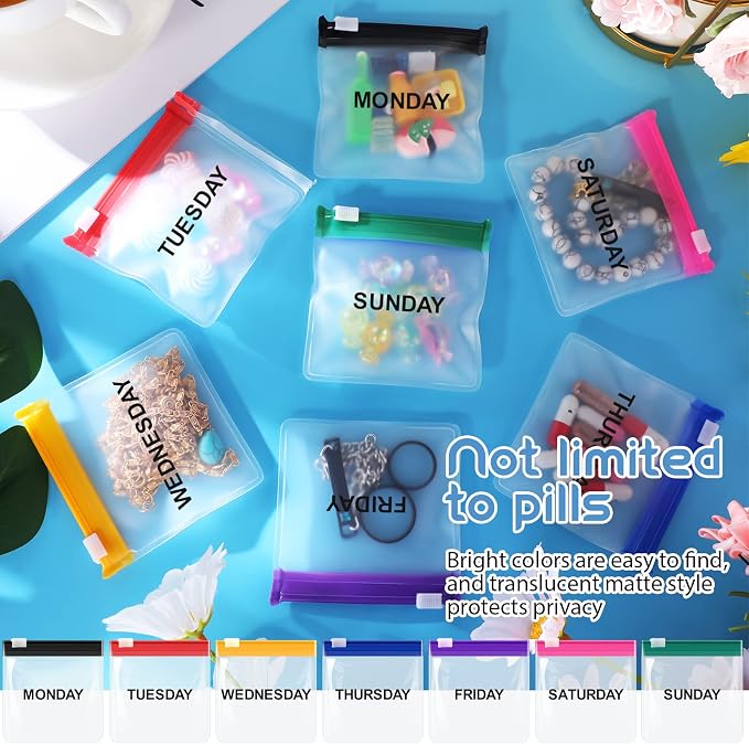 Sherr 35 Pcs Pill Pouch Bags with Zipper Pill Pouch Set Travel Reusable Translucent Medicine Organizer Self Sealing Plastic Bag with Slide Lock for Storage(Cute Colors,3 x 3 Inch,Week Style)