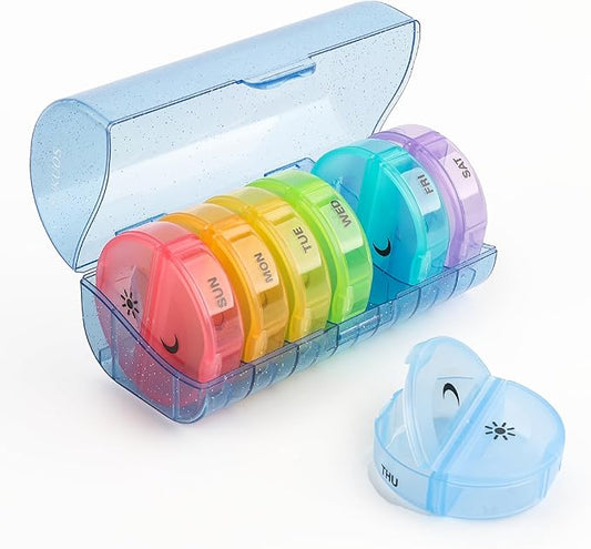 Sukuos Weekly Pill Organizer 7 Day 2 Times a Day, Large Daily Pill Box Easy to Open, Portable AM PM Pill Case for Medicine/Vitamin/Fish Oil/Supplements (Glitter Blue)