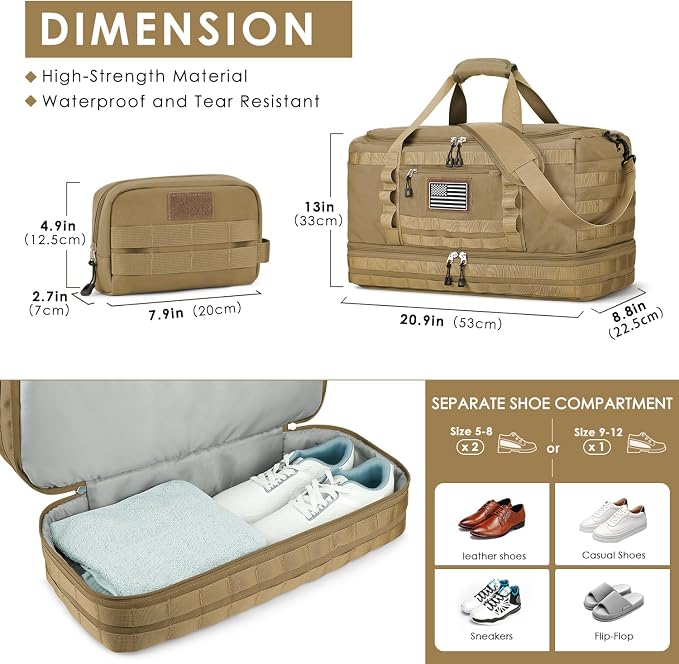 Gym Bag for Men Women, Carry on Luggage 22x14x9 Airline Approved Duffle Bag | Tactical Travel Bags with Toiletry Bag and Shoe Compartment, Weekender Overnight Duffel with Wet Pocket for Workout, Brown