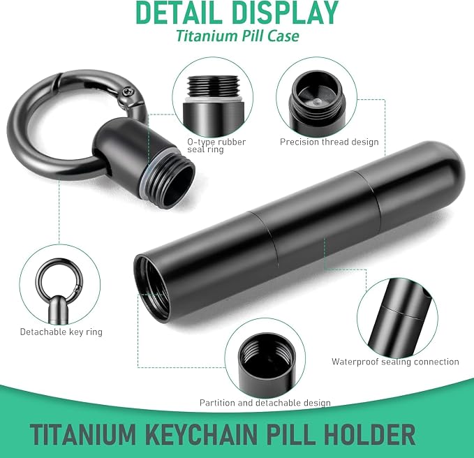 TISUR Small Titanium Keychain Pill Holder, Pocket Pill Case for Travel | Waterproof Pill Fob,Portable Pill Box Container,Purse Pill Organizer Tube