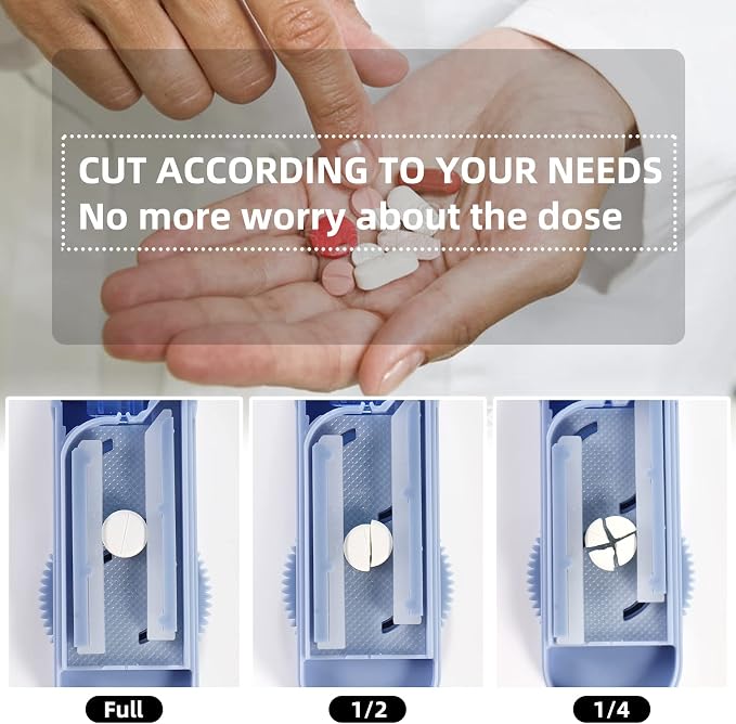 Multiple Pill Splitter, Adjustable Pill Cutter, Stainless Steel Cutting Blade & Blade Guard, with Accurate Pill Alignment, for Cutting Small Pills or Large Pills in Half (Blue)