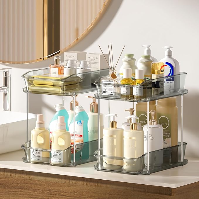 Delamu 2-Tier Under Sink Organizers and Storage, Multi-Purpose Stackable Bathroom Cabinet Organizers, Pull Out Kitchen Pantry Organization and Storage with Dividers(4 Pack, Grey)