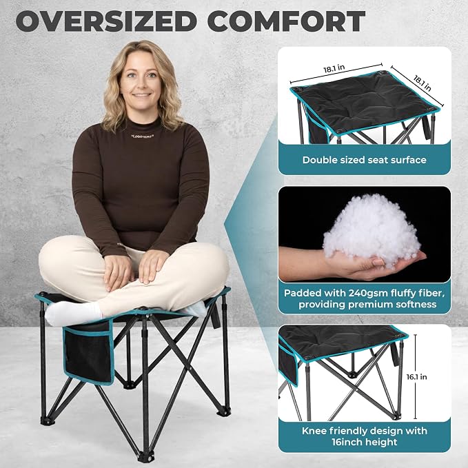 FUNDANGO Oversized Camping Stool for adults, 2 Pack Thick Padded 18.1 Inch Folding Ottoman Foot Rest, 440 Lbs Heavy Duty Outdoor Camp Chairs with Anti-Slip Foots & Carry Bag for Fishing Travel (Black)