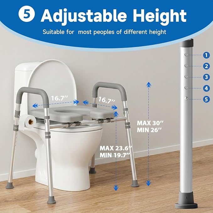 Raised Toilet Seat with Handles, Gray | Adjustable Height & Width, 400lbs Capacity, Padded, For Seniors, Disabled, Post-Surgery, Fits Most Toilets