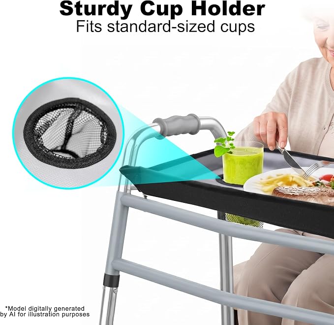 Walker Tray for Folding Walker with Cup Holder, Detachable Tray for Walker, Walker Accessories for Senior with Non-Slip Mat, Universal Fit for Meals, Drinks, Reading,Laptop (Black)