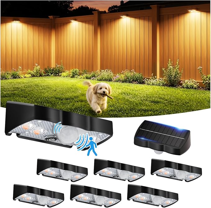VOLISUN Fence Lights Solar Powered Motion Sensor 8 Pack, 160° Wide Angle 16.4FT Detection, IP65 Waterproof, 3 Modes (High/Low/Steady-On) Dusk to Dawn, 3000K Warm White Solar Fence Lights for Garden