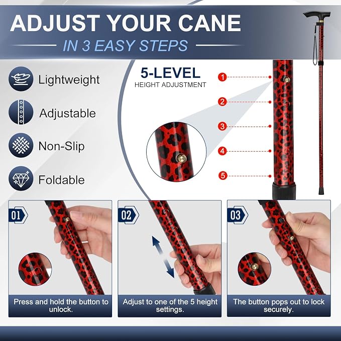 supregear Folding Cane, 5-Level Adjustable Height Walking Stick Lightweight Collapsible Portable Travel Cane with Wrist Strap and T Handle for Elderly Disabled Men Women