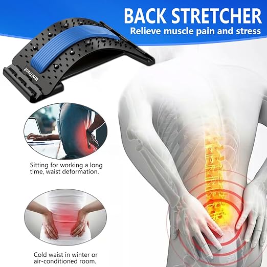 Back Stretcher - 4-Level Adjustable Lumbar Support Board & Back Cracker for Lower Back Pain Relief, Home Office Use (Blue)