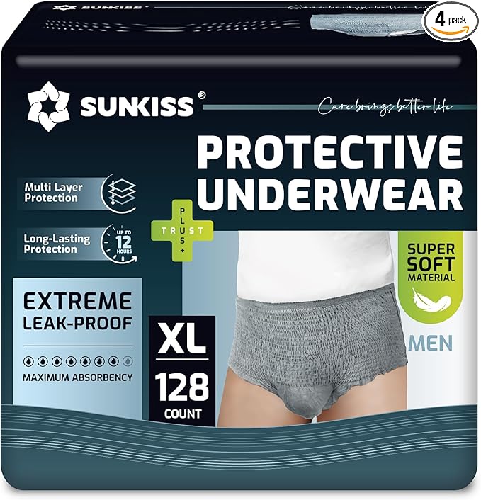 SUNKISS Incontinence Underwear for Men, Daytime Disposable Adult Pull Ups, Mens Protective Briefs with Maximum Absorbency, XLarge, Grey, 128 Count