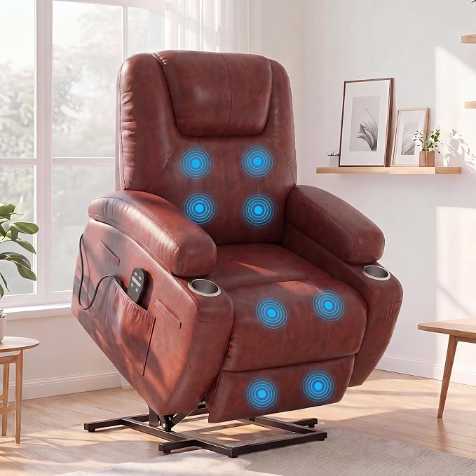 JUMMICO Power Lift Recliner Chair for Elderly with Vibration Massage | Recliner Chair Ergonomic Lift Chair Cup Holder for Living Room (Leathaire, Light Brown)