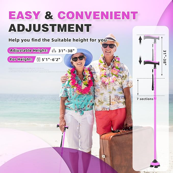 BeneCane Walking Cane for Men & Women Walking Stick for Seniors Folding Canes Quad Cane Adjustable Lightweight Sturdy Collapsible Heavy Duty with Soft TPR T-Handle and Travel Bag
