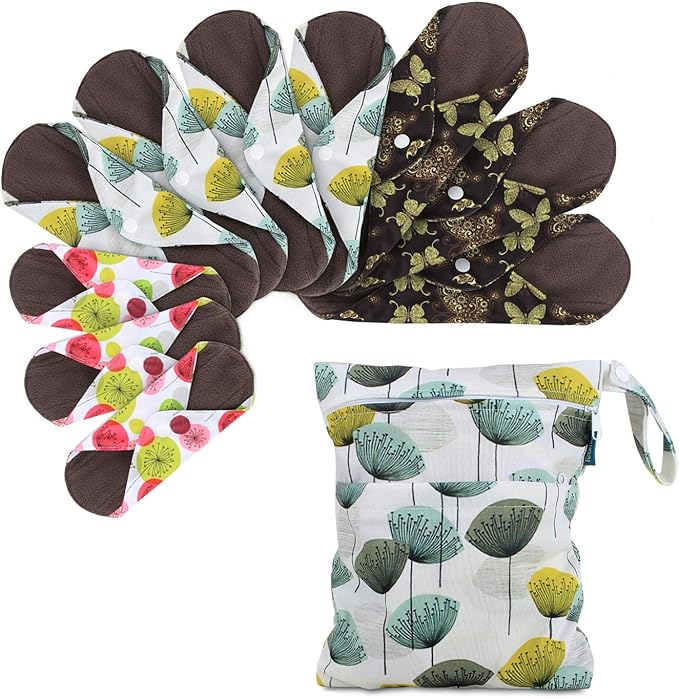 Teamoy 10pcs Cloth Panty Liners, Reusable Sanitary Pads with Wet bag, Washable Cloth Menstrual Pads with Charcoal Absorbency Layers (Country Style, 3pcs×7.9''+4pcs×10''+3pcs×11.6''), 11 Piece Set | Washable Pads with Charcoal Absorbency Layers, Soft an...