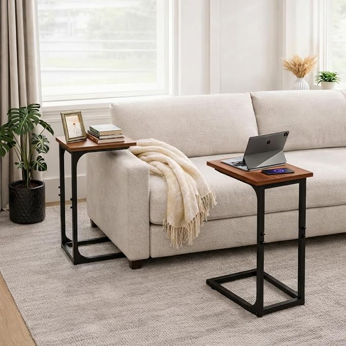 TEMI C Shaped End Table for Couch, Set of 2 Small Side Table for Sofa, TV Tray for Eating or Laptop, Accent Desk for Chair, Space Saving for Living Room Bedroom, Rustic Walnut