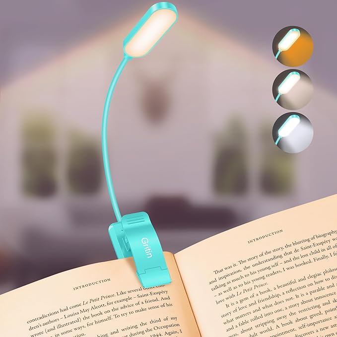 Gritin 16 LED Rechargeable Book Light for Reading in Bed | Eye Caring 3 Color Temperatures, Stepless Dimming Brightness, 80 Hrs Runtime, Lightweight Flexible Clip on Light-Blue