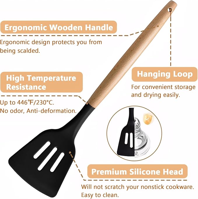 Silicone Cooking Utensils Set of 5, Heat Resistant Silicone Kitchen Utensils Set with Wooden Handle, BPA Free Spatula Spoon Turner Ladle Cooking Kitchen Gadgets for Nonstick Cookware & Baking