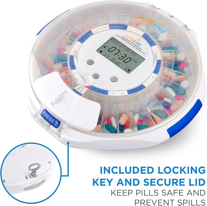 LiveFine Automatic Pill Dispenser with 28-Day Electronic Medication Organizer, 6 Dosage Rings, LCD Display with Sound & Light Alerts, Key & Magnifying Glass for Prescriptions, Vitamins & Supplements