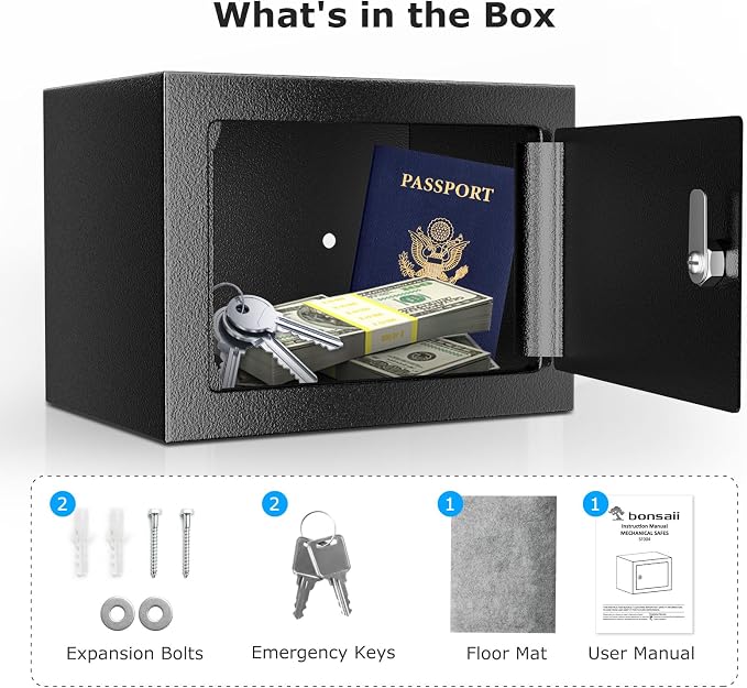Bonsaii Safe Box with Key Lock, Steel Security Lock Box, 0.23 Cubic Feet, 9.06" W x 6.69" D x 6.69" H, Small Hidden Safe for Cash Jewelry | SPCC steel, 9.06x6.69x6.69 in, pry-resistant door & hidden hinges, pre-drilled for shelf/drawer/closet, includes...
