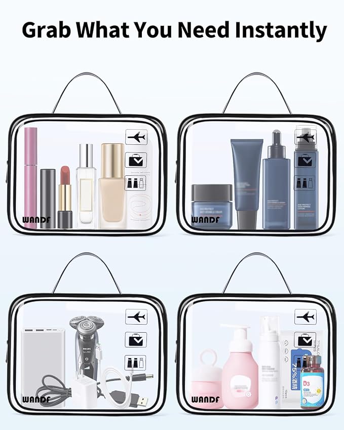 WANDF TSA Approved Toiletry Bag, 2 Pack Clear Makeup Bag | Quart Size, Airport Carry-On, TSA Liquids Travel Bag, Clear PVC, Women Men Travel Essentials