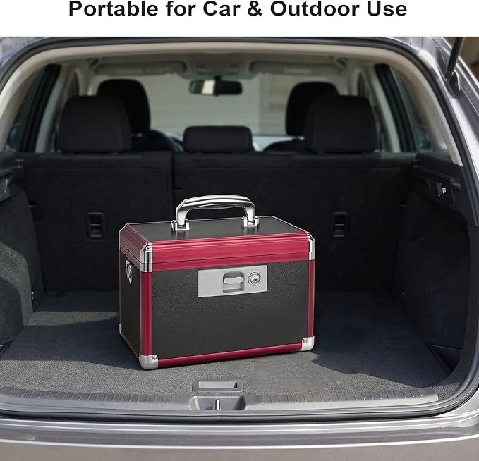 Medicine Lock Box with Key Lock - 10" Hard Case First Aid Safe Medication Storage with Removable Tray & Pockets for Pills, Home, Car & Outdoor - Black Red [No Strap]
